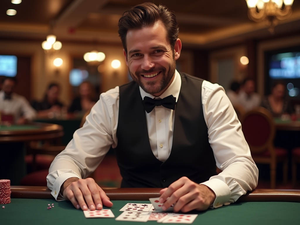 Croupier francophone distribuant des cartes à une table de blackjack dans un casino Elite élégant