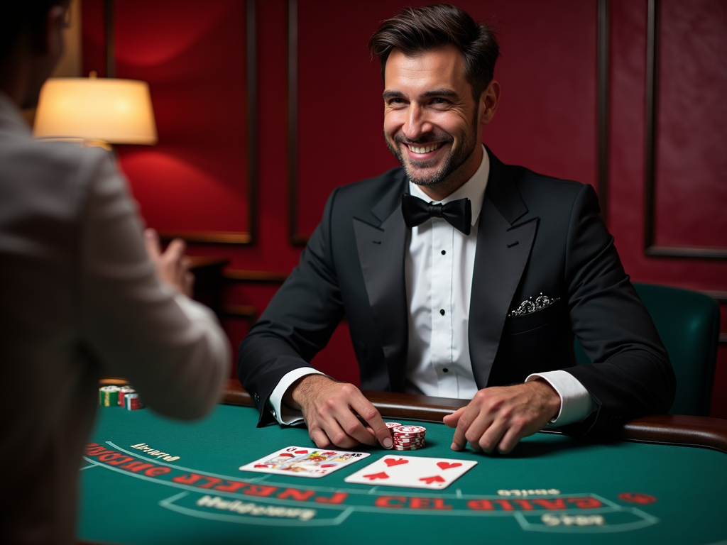 Croupier francophone souriant distribuant des cartes dans un casino Eliteluxueux