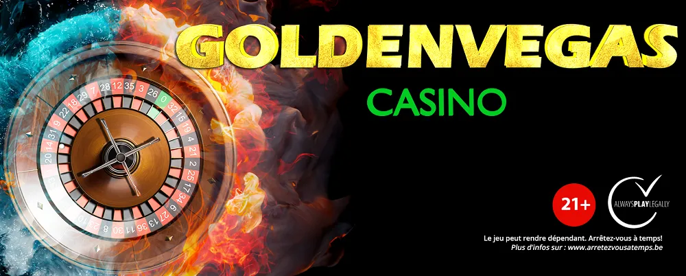 Roulette enflammée avec effet glace et feu et logo Golden Vegas Casino, site belge de jeux en ligne légaux pour joueurs majeurs.
