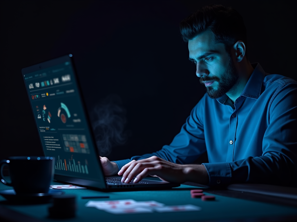 Un joueur concentré regarde attentivement une table de blackjack en ligne belge sur son ordinateur portable