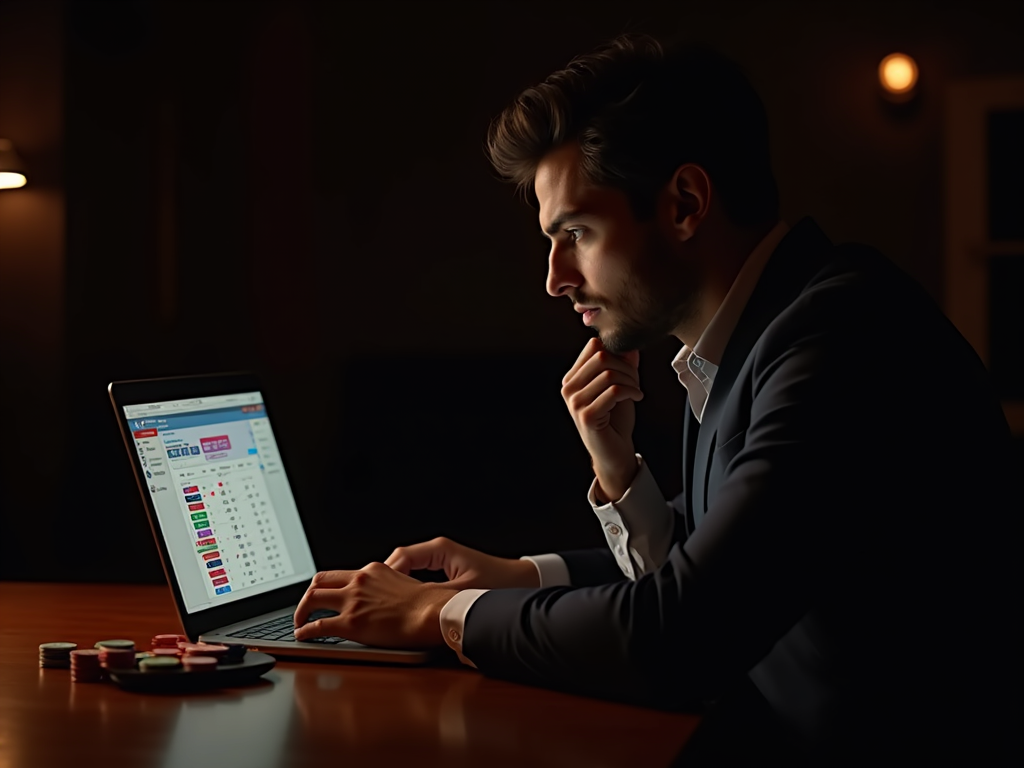 Un homme joue à la roulette en ligne sur son ordinateur portable.