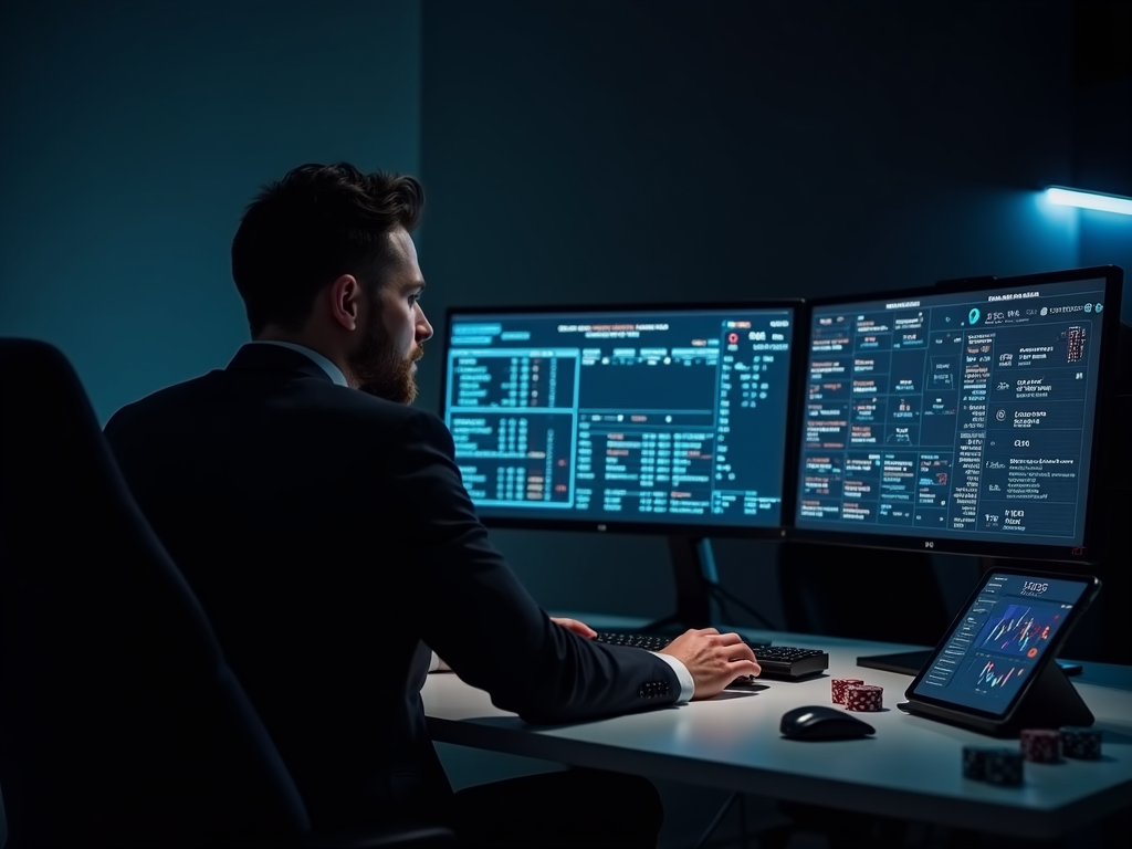 Un joueur assis à une table de blackjack en ligne sur son ordinateur portable, concentré sur ses cartes et jetons, dans un environnement virtuel de casino belge.