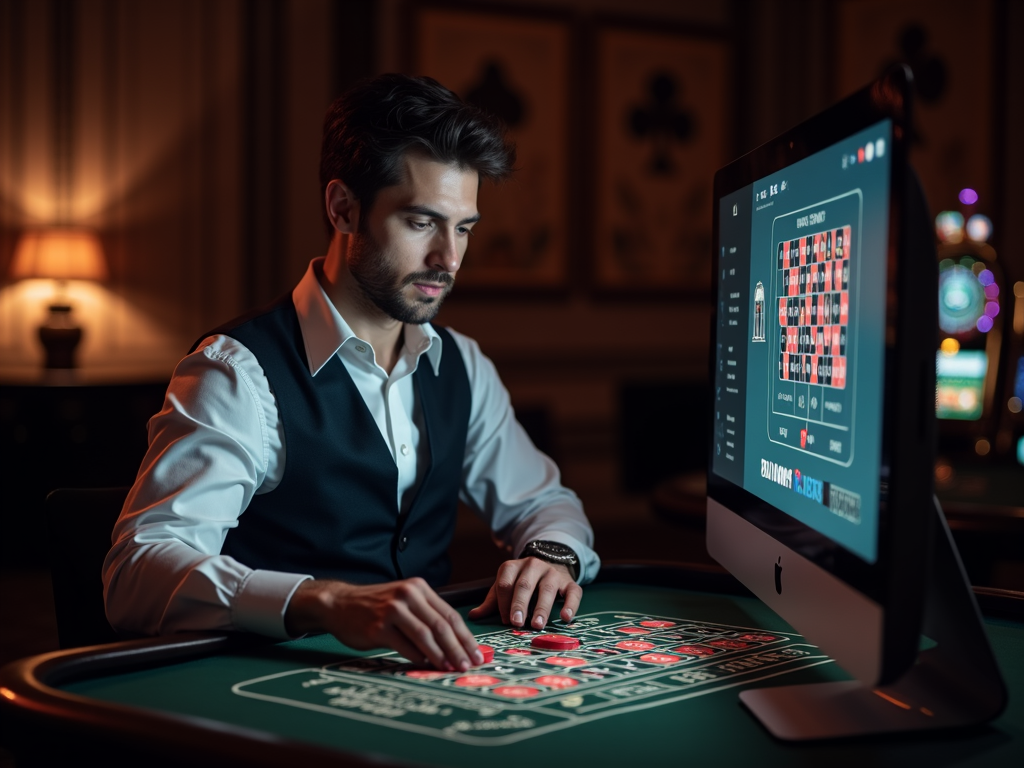 Un joueur concentré sur un écran d'ordinateur affichant une table de roulette en ligne belge