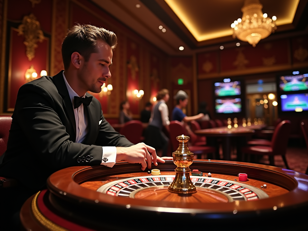 Croupier souriant tournant la roulette en direct dans un casino belge