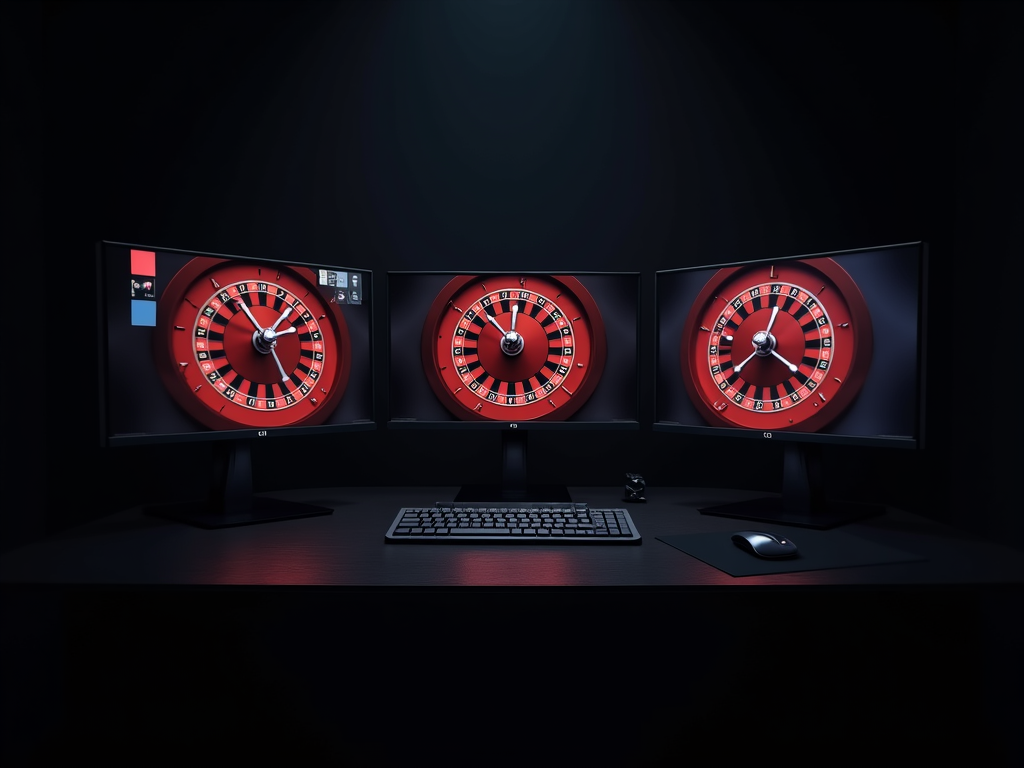 Un joueur concentré regarde son écran d'ordinateur affichant une table de roulette en ligne Belgique avec des jetons empilés à côté