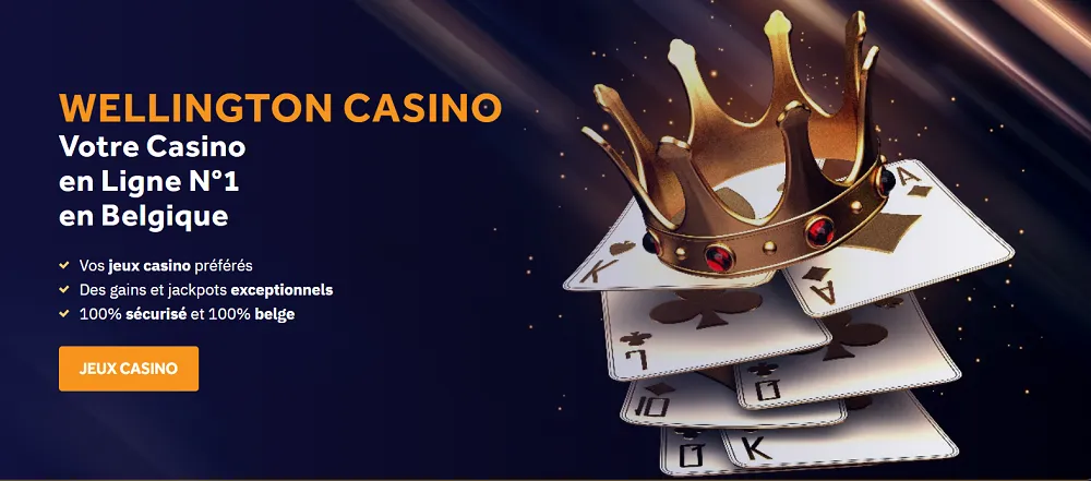 Visuel promotionnel de Wellington Casino avec une couronne royale sur des cartes, mettant en avant un casino en ligne belge sécurisé