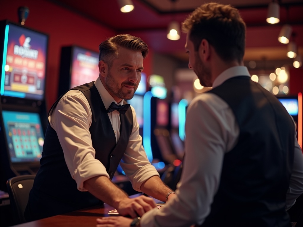 Guichetier stylisé dans un casino belge, retrait rapide de gains