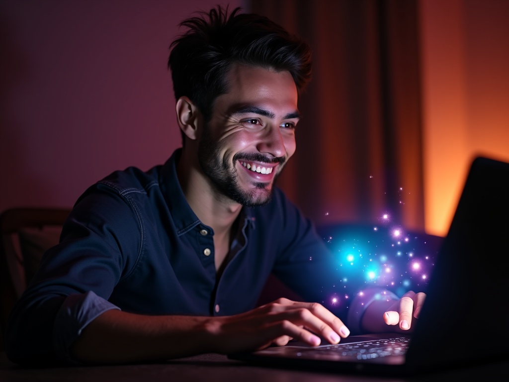 Jeune homme heureux devant Machines à sous Casino777 sur ordinateur portable