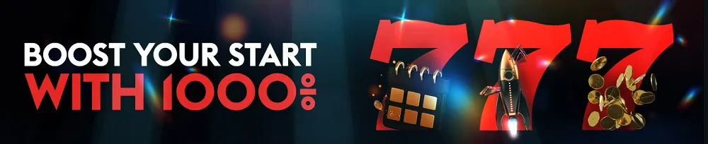 Offre de bienvenue exclusive sur Casino777 avec un boost de 1000 % et visuel de machine à sous 777