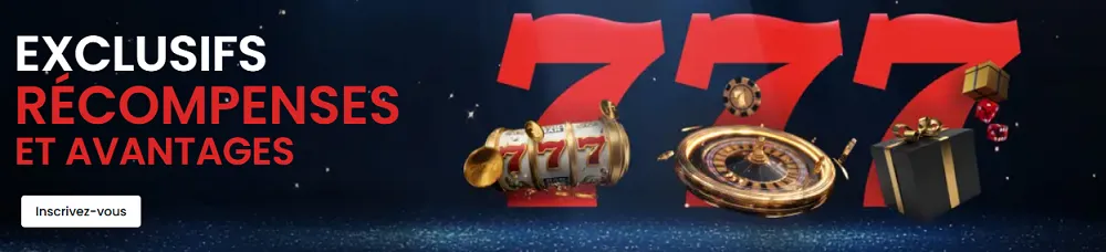 Récompenses exclusives et avantages sur Casino777 avec visuel de roulette, slot 777 et cadeaux