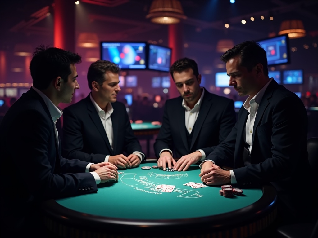 Starcasino croupiers concentrés autour d'une table de blackjack virtuelle