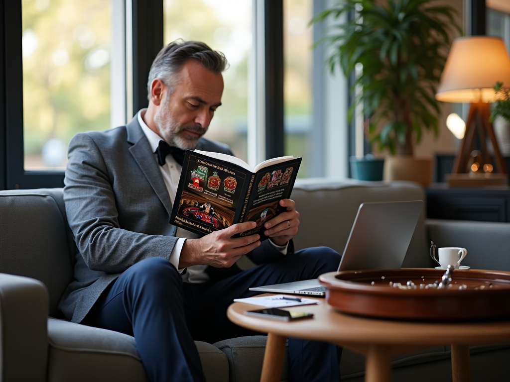 Homme lisant un guide comparatif sur les casinos belges en ligne