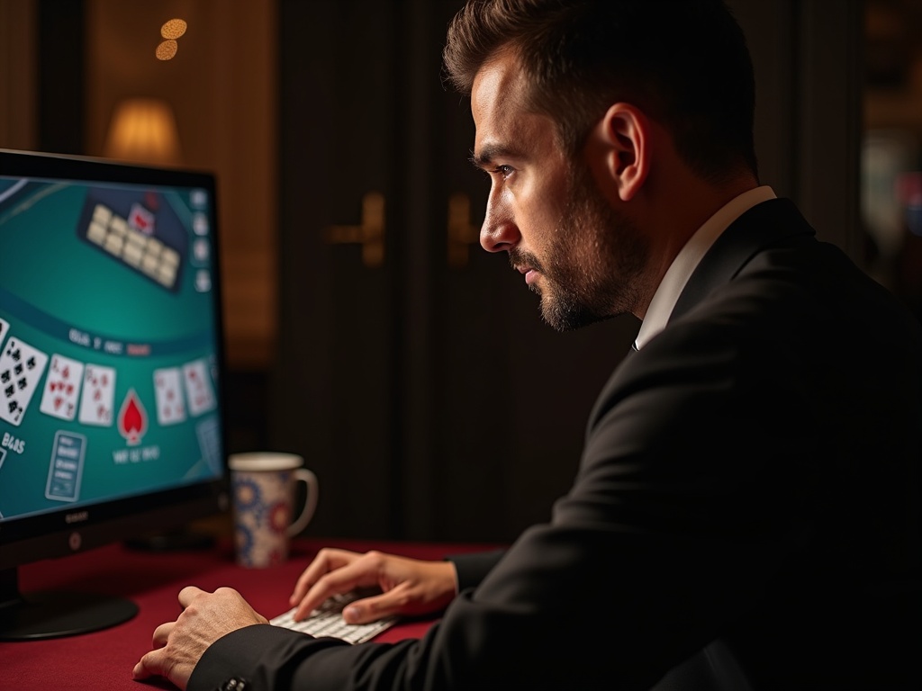 Homme concentré sur blackjack européen en ligne dans ambiance casino chic