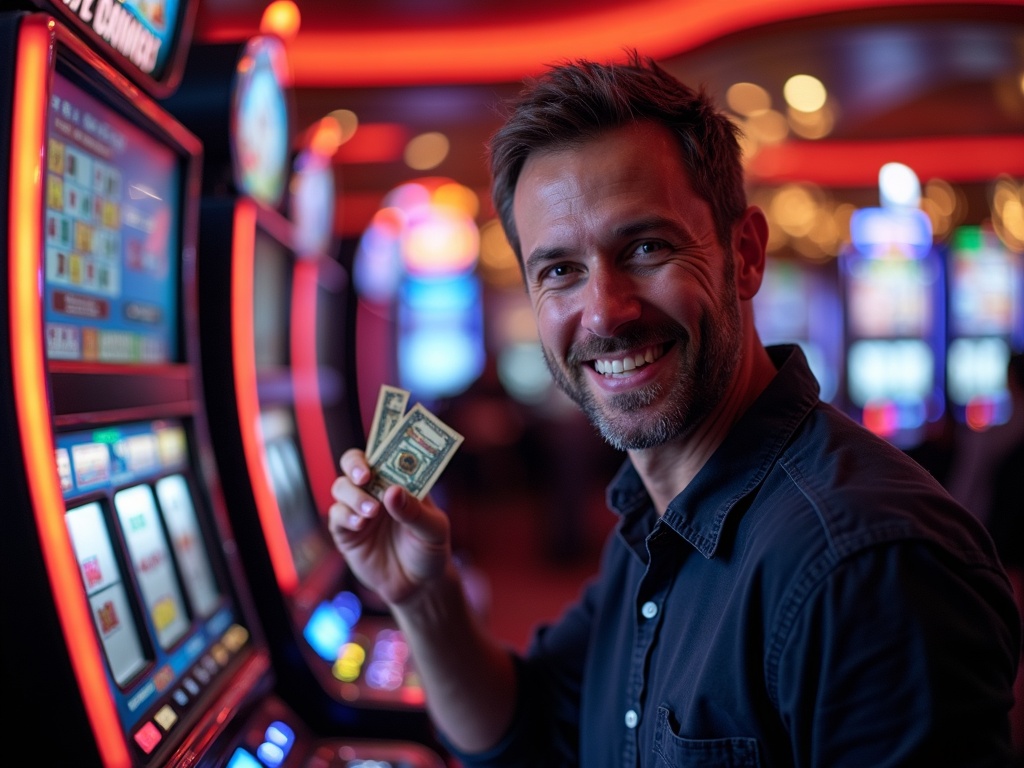 Homme jubilant devant machines à sous avec jackpot casino en ligne remporté