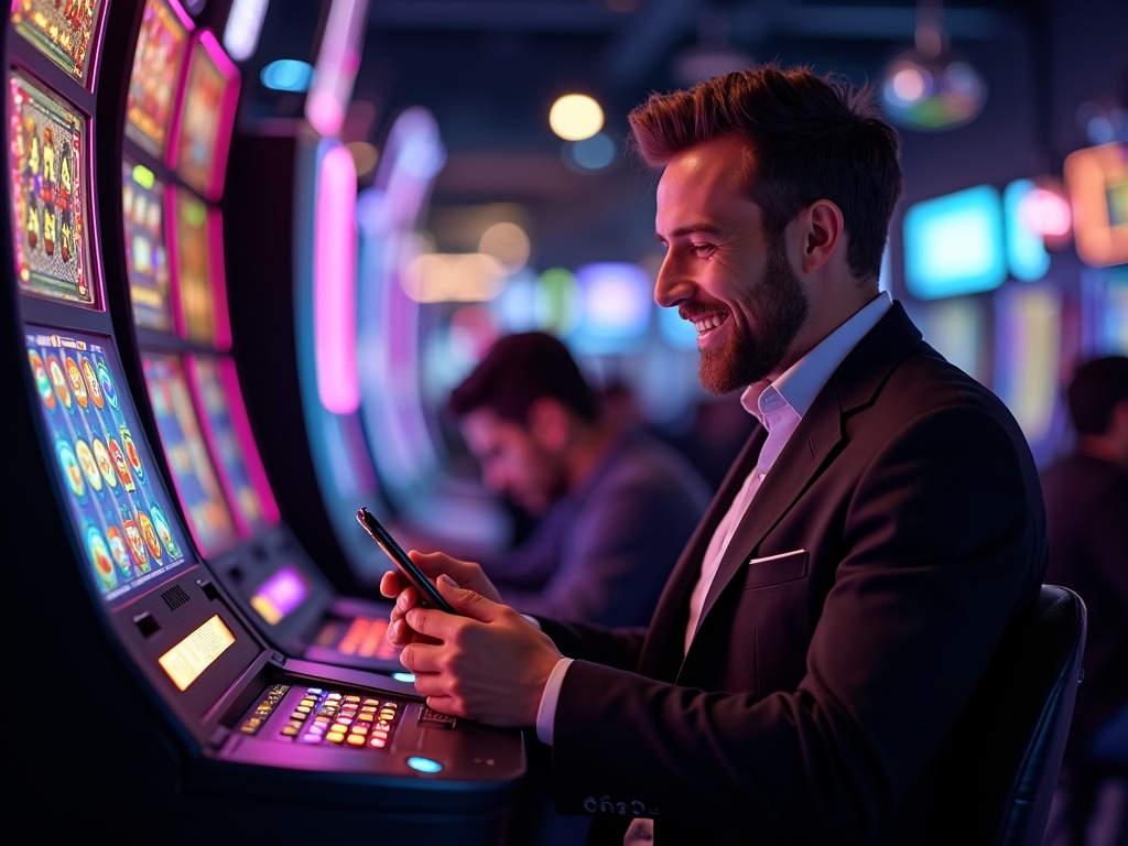 Joueur souriant devant machine à sous moderne casino en ligne gains doublés