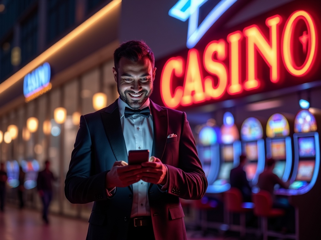 Joueur heureux devant Casino belge moderne, retrait rapide réussi sur téléphone