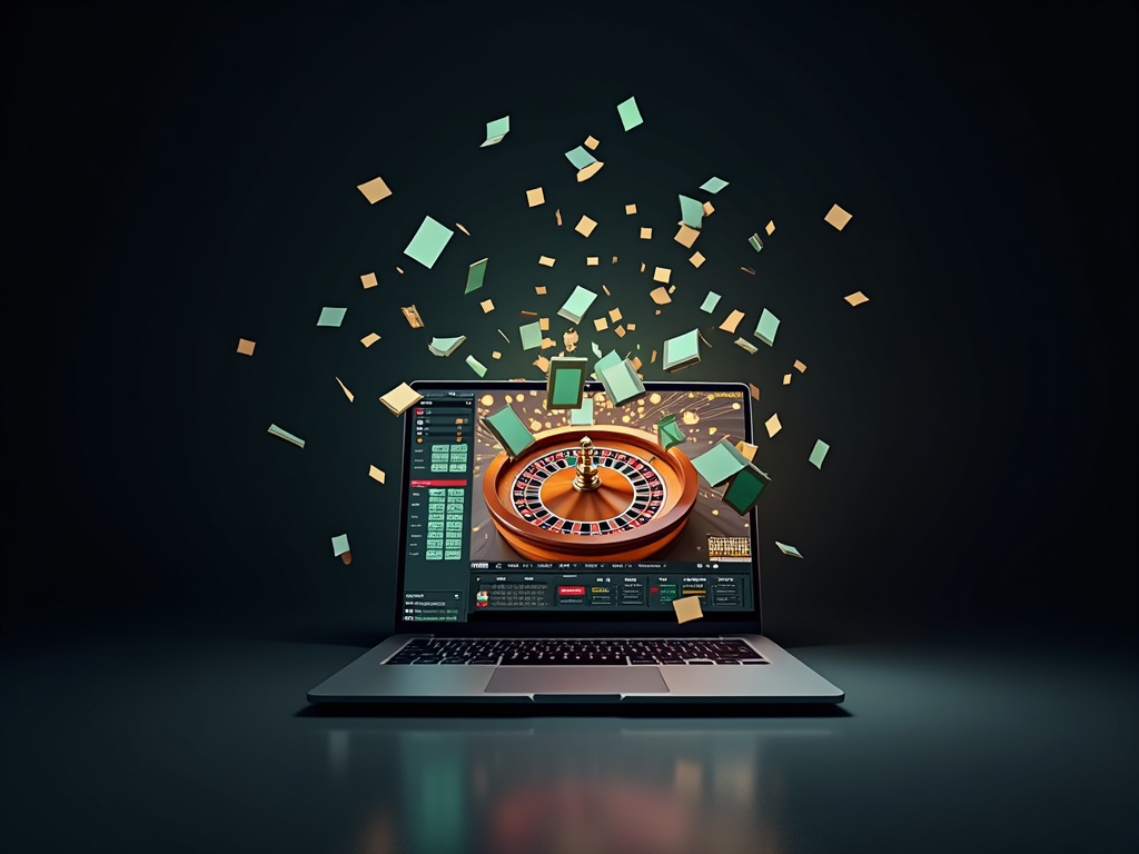 Ordinateur vibrant avec roulette et billets, Betfirst Casino en ligne Belgique