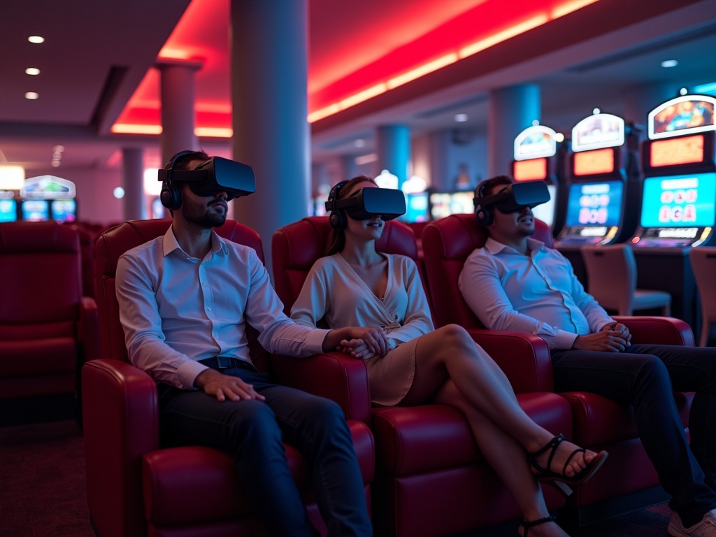 Joueurs en réalité virtuelle au Golden Vegas Casino explorant des thèmes de hasard