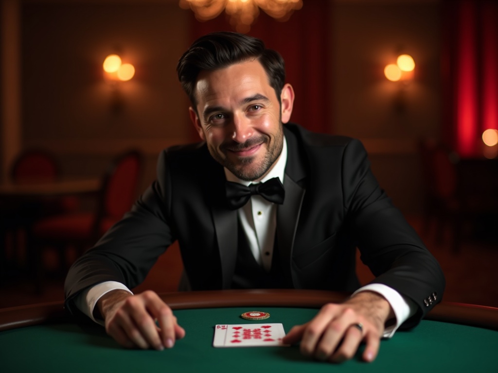 croupier francophone souriant à Becasino, ambiance feutrée de casino en ligne