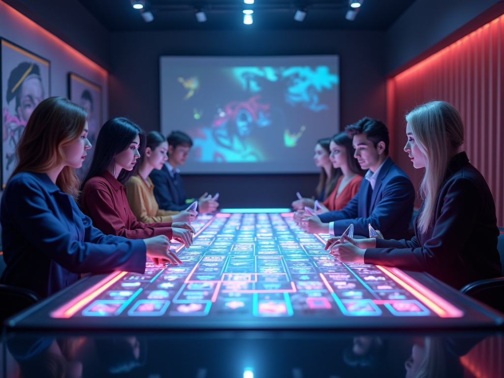 échiquier numérique dynamique au Carousel Casino entouré d'avatars concentrés