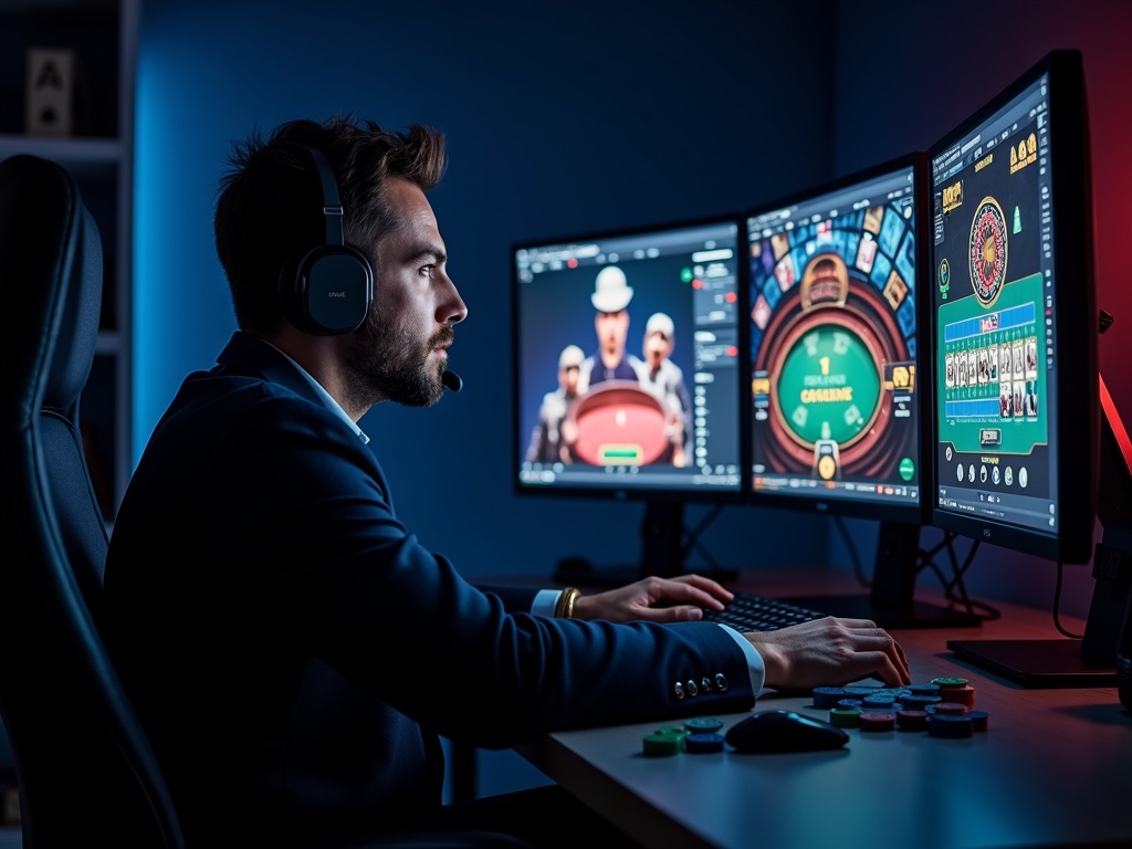 Homme concentré sur multi-tabling dans un environnement de casino en ligne