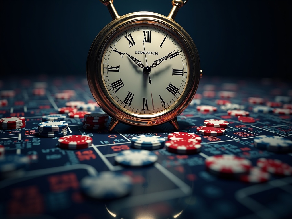 Horloge symbolique avec casinos en ligne, dés, cartes, jeton poker