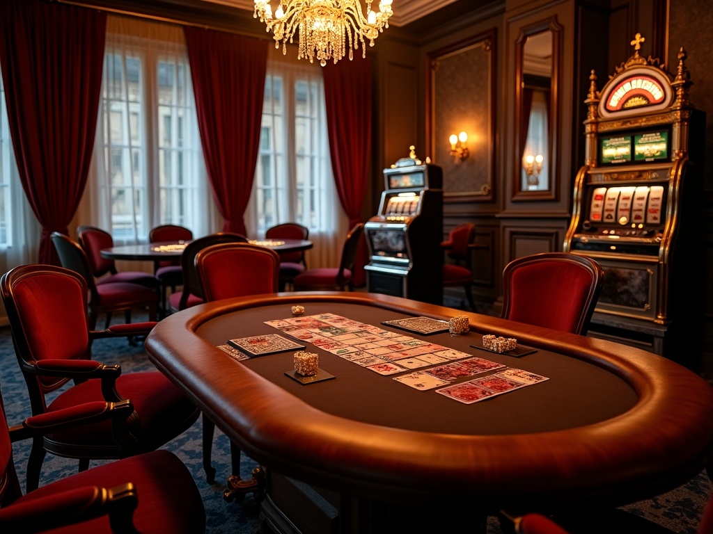 Casinos belges : table de poker en acajou et machine à sous rétro