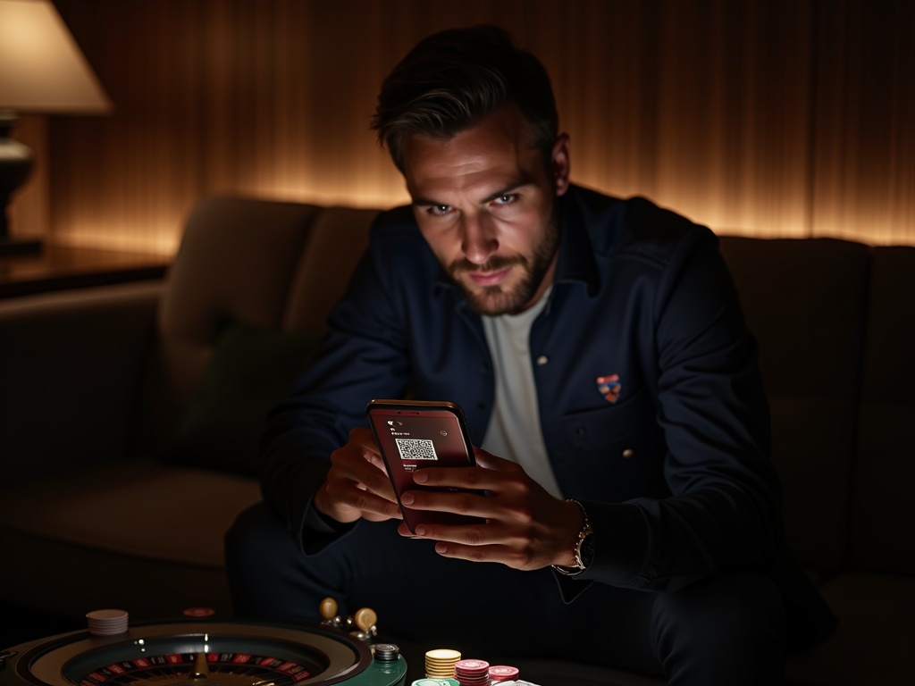 Joueur sur smartphone explorant Casino Elite dans un salon moderne