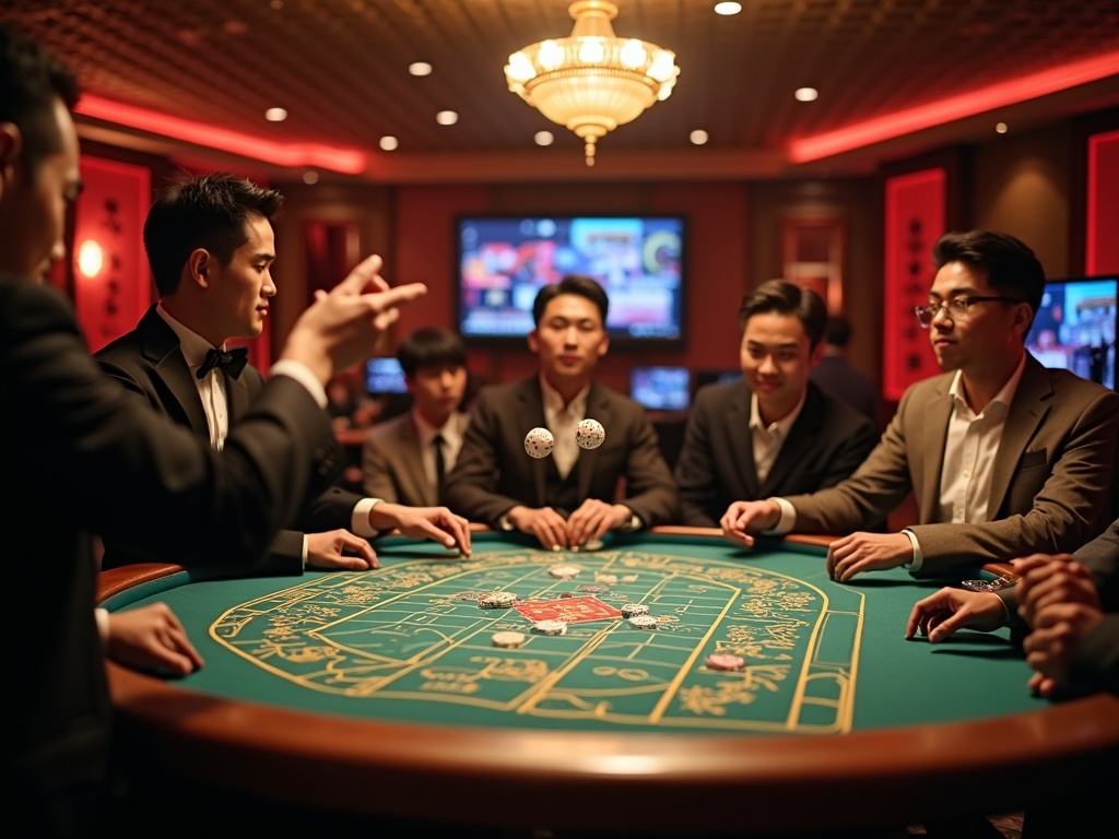 Sic Bo lancé par croupier dans un casino élégant et animé