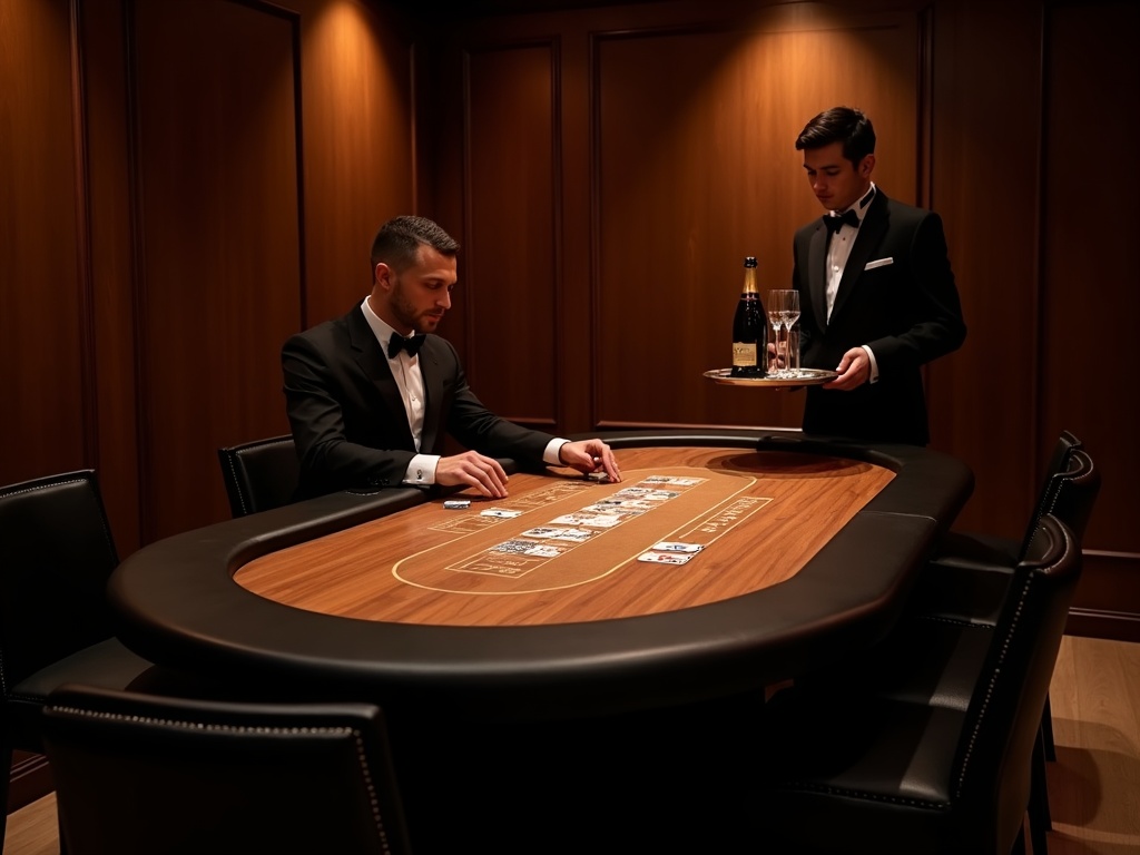 Table privée de baccarat sous lumière tamisée dans un casino premium