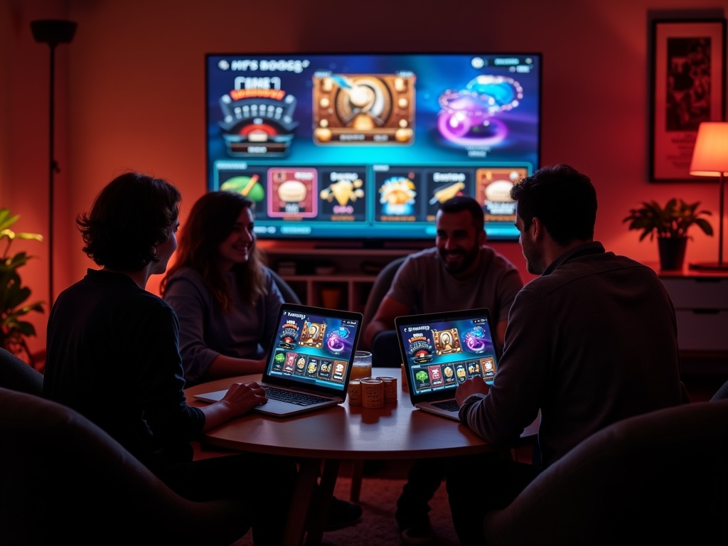 Quatre amis discutant jeux sur Blitz Casino en ligne