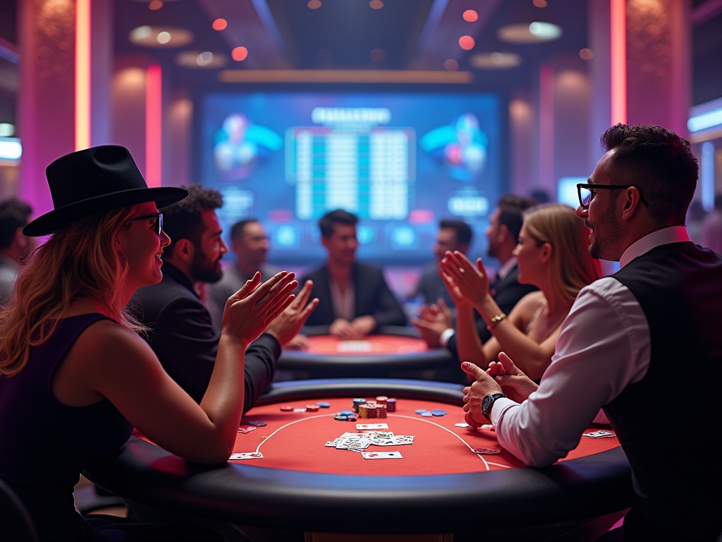 Tournoi inter-casinos en direct avec joueurs excités et croupiers élégants