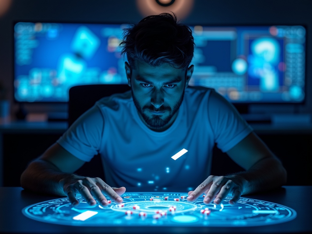 Jeune homme utilisant interfaces adaptatives pour jouer au casino en ligne