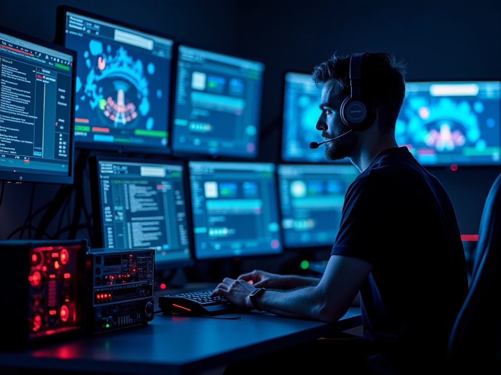 Technicien optimise performance serveur casino en ligne belge avec écrans lumineux