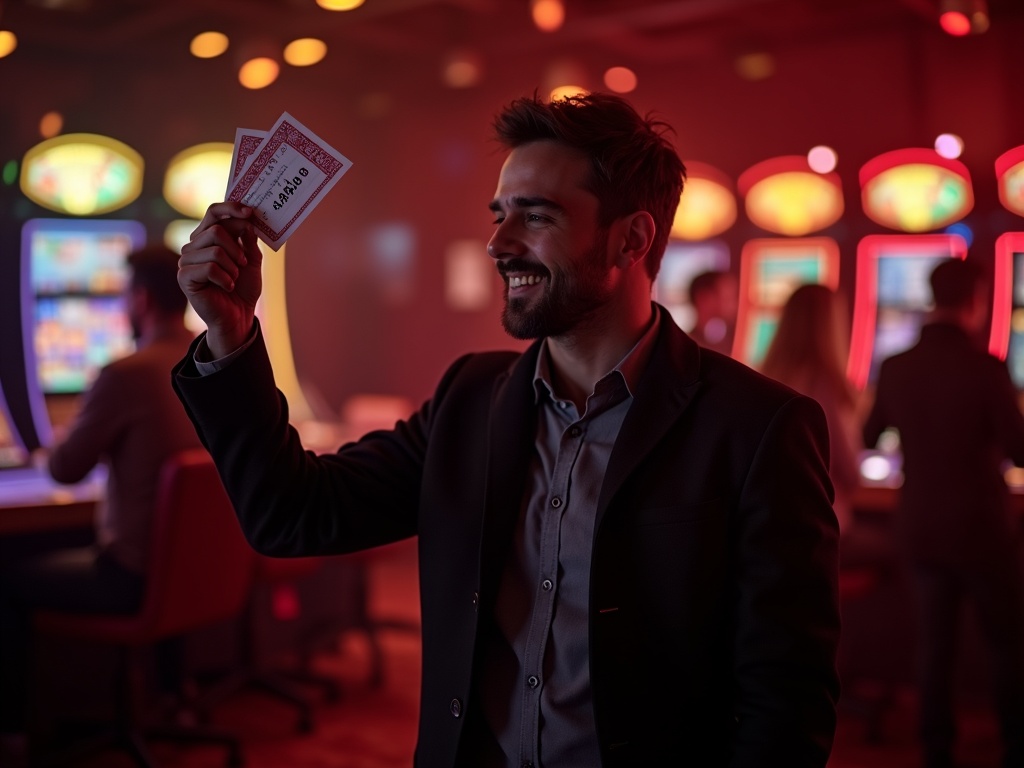 Homme radieux brandissant ticket gagnant au casino en ligne