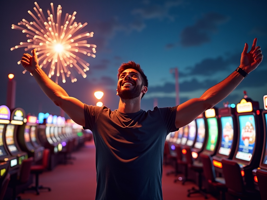 Joueur victorieux avec jackpot, feux d'artifice, Gagnants de casino