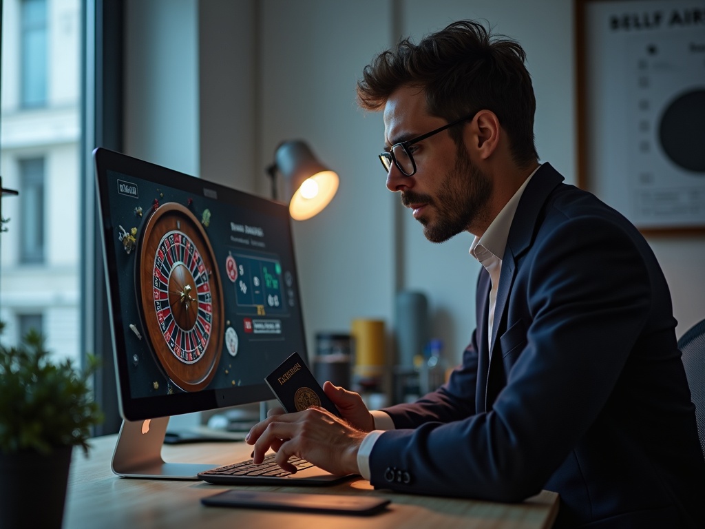 Optimisation de la vérification en ligne sur Carousel Casino Homme vérifiant identité en ligne pour Carousel Casino avec roulette visible